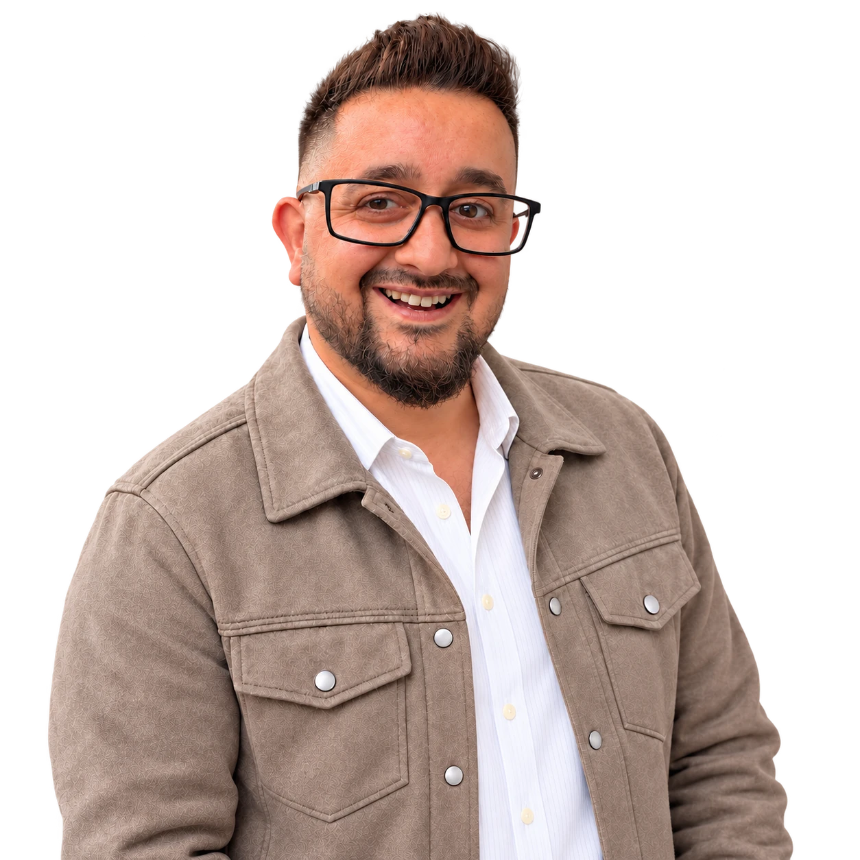Steve, the freelance designer and developer behind Envy Creative, smiling in black glasses, a taupe jacket and a white shirt isolated on a transparent background.