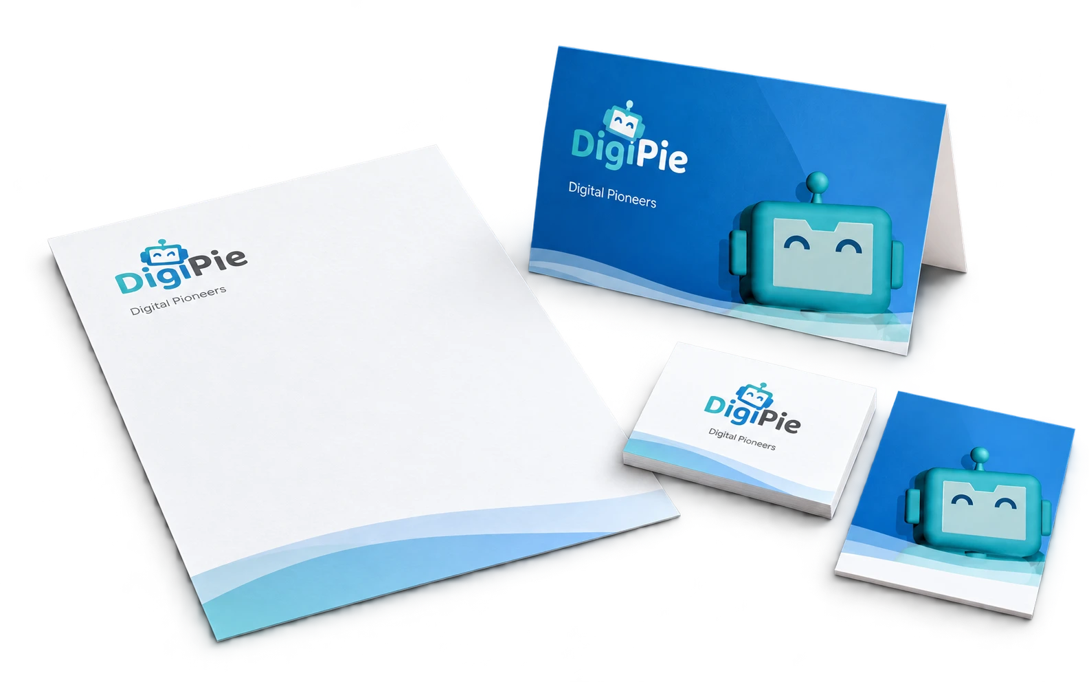 Isolated DigiPie letterhead, business cards and a folded information card, with natural soft shadows.