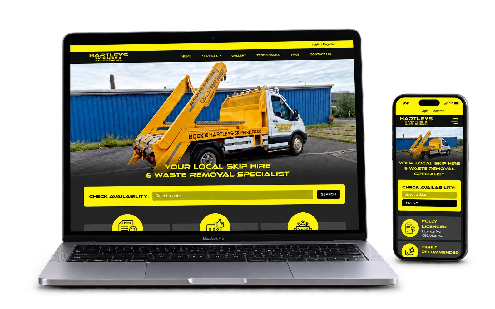 The Hartleys Skip Hire booking website on a MacBook Pro and iPhone, isolated with soft shadows.