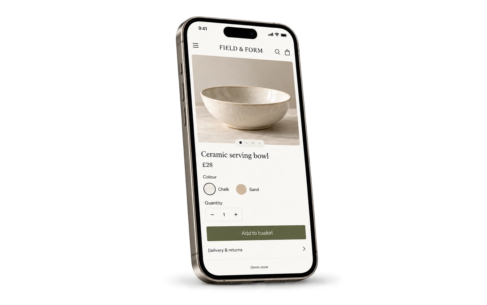 An isolated iPhone showing the FIELD & FORM sample product page, with colour options and Add to basket.
