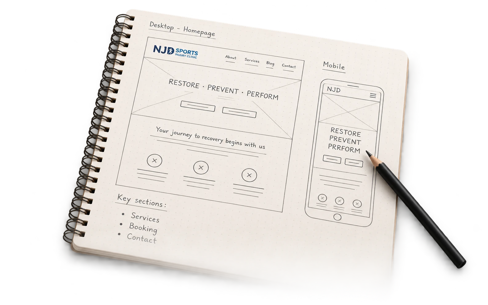 An isolated notebook of desktop and mobile website wireframes, fading softly into transparency at the bottom.