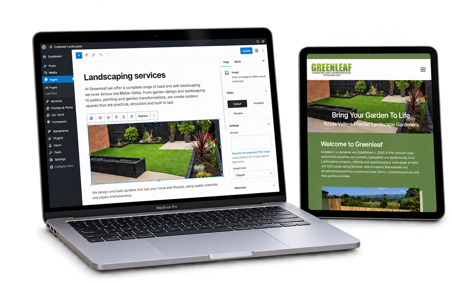 An isolated MacBook Pro showing a demonstration WordPress editor beside an iPad displaying Greenleaf Landscapes.