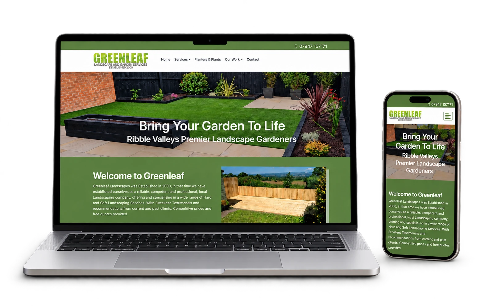 The Greenleaf Landscapes website on a MacBook Pro and iPhone, isolated with soft shadows.