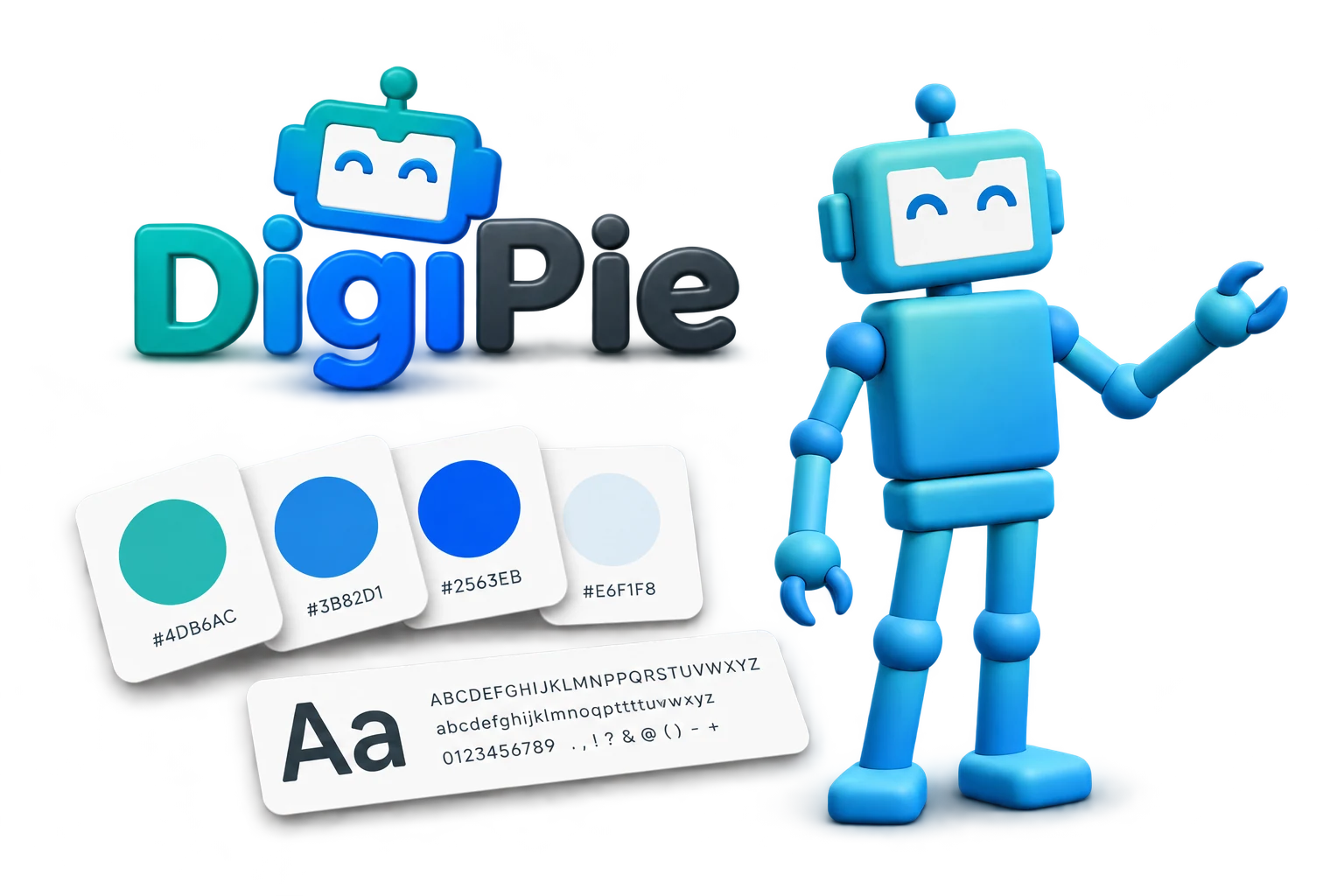 An isolated DigiPie logo, robot mascot, colour swatches and typography cards on a transparent background.