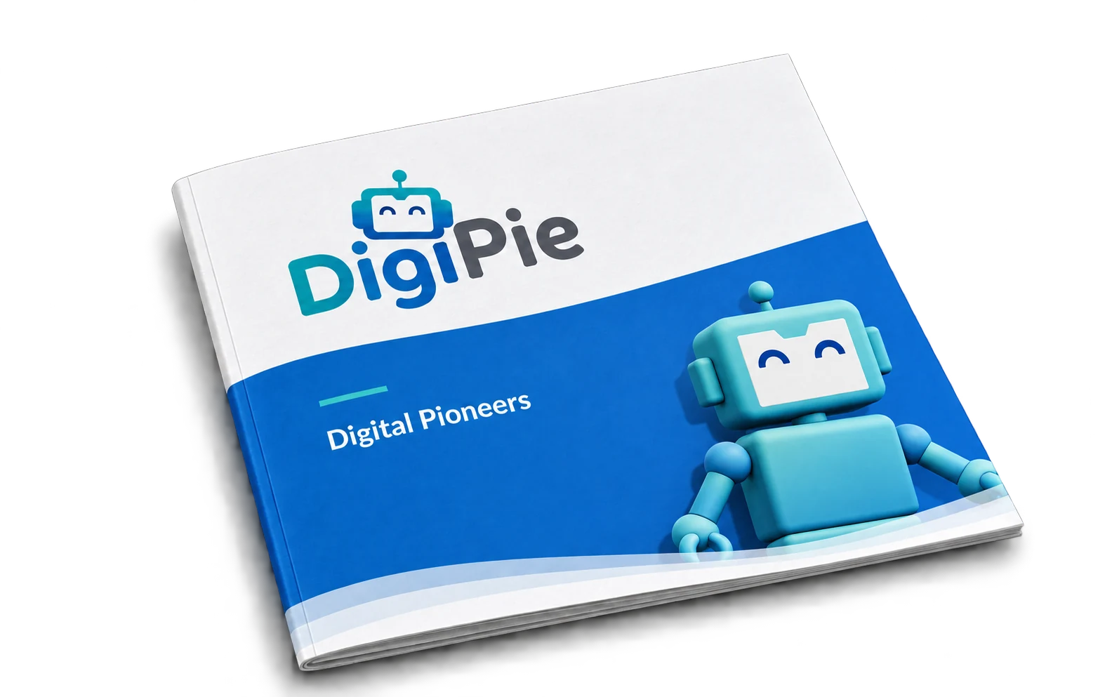 An isolated DigiPie brochure showing its printed logo, robot mascot and paper texture, with a soft natural shadow.