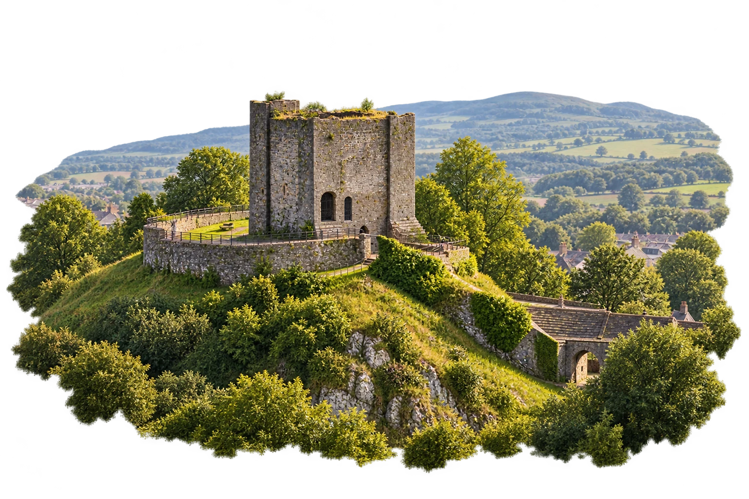 An illustrated view of Clitheroe Castle and the Ribble Valley, with softly fading transparent edges.