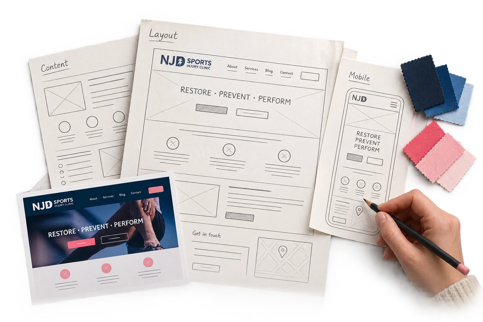 A designer annotating website layout sketches beside printed proofs, blue and pink colour swatches and a pencil, on a transparent background.