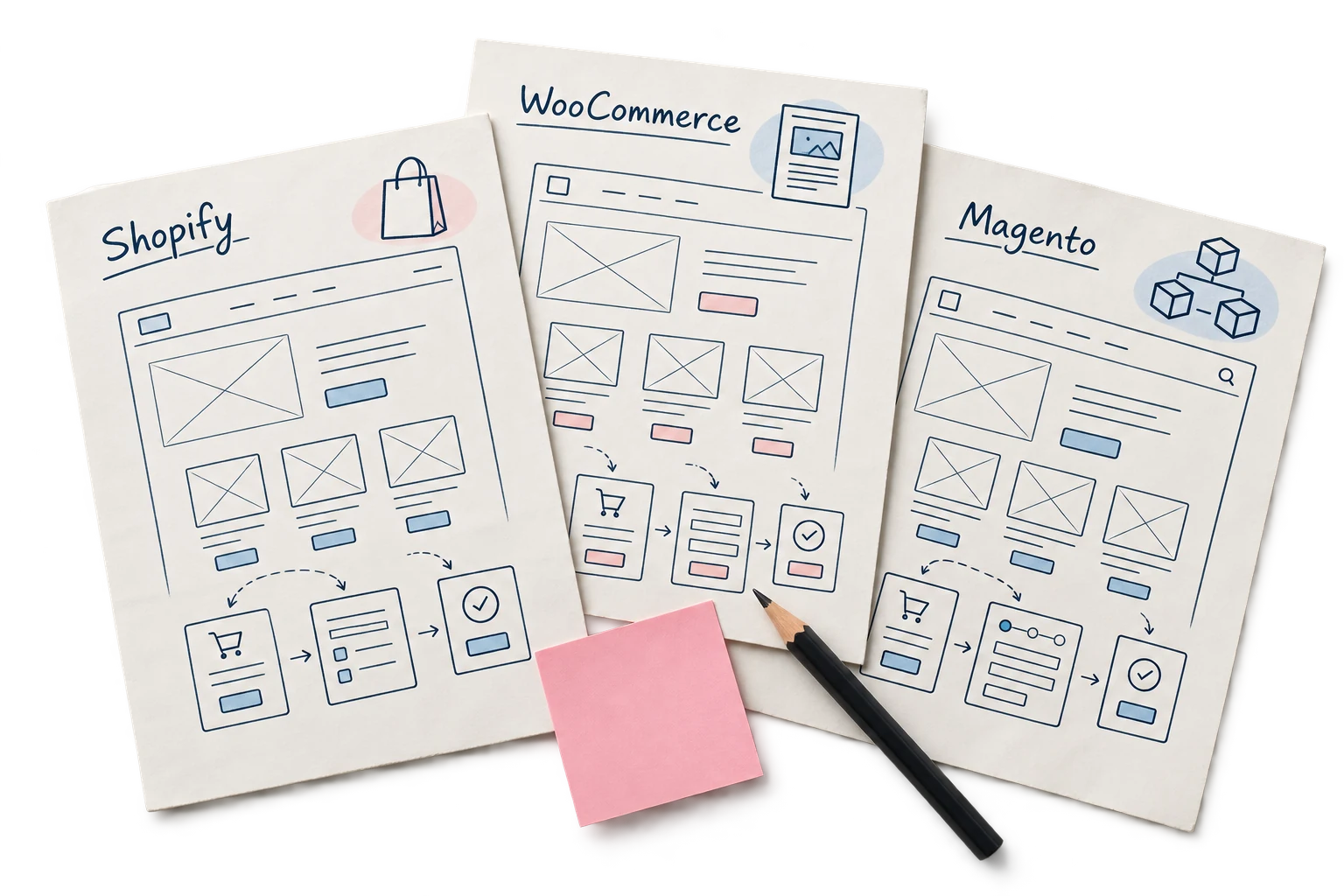 Paper planning sheets and sketches for “Shopify vs WooCommerce vs Magento: Which Should You Choose?”, isolated with natural shadows.