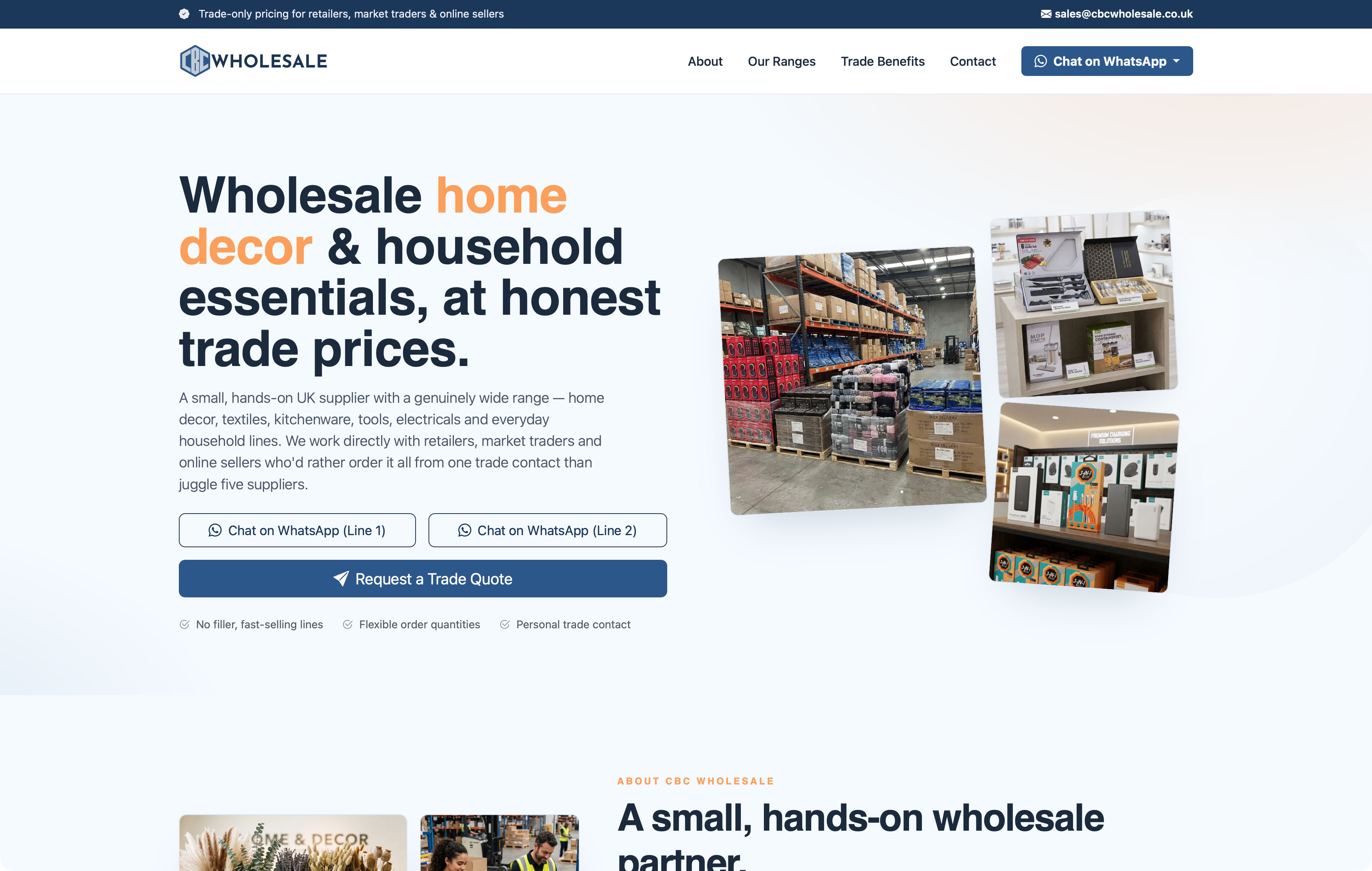 CBC Wholesale’s website, with its home decor and household product ranges and trade enquiry routes.