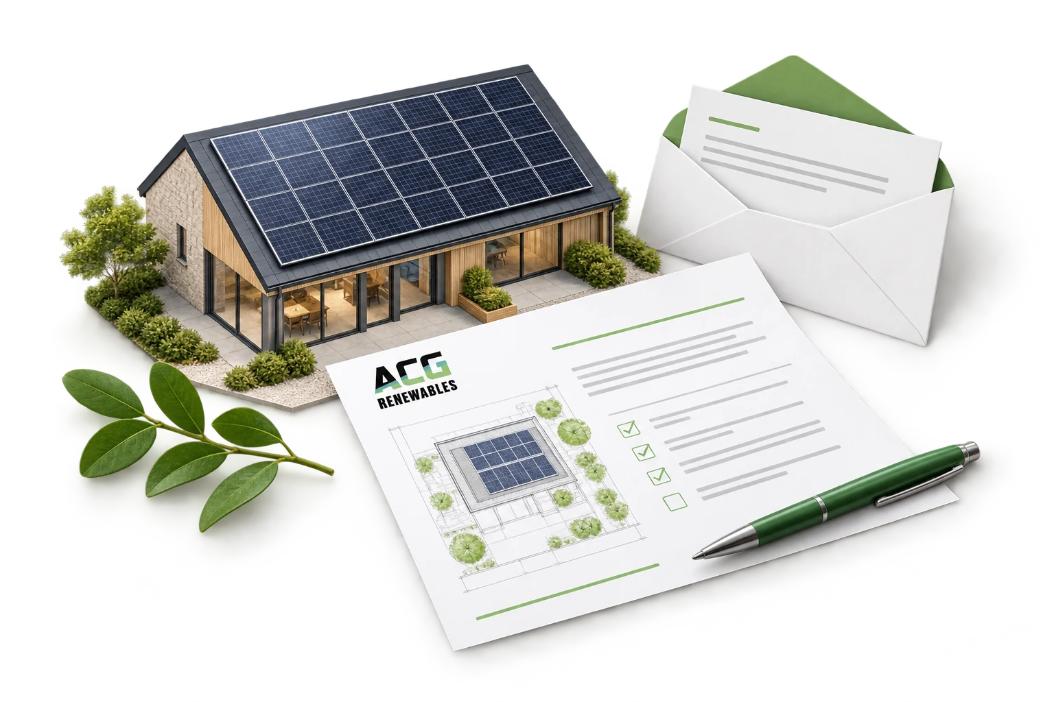 Illustration of a solar-powered home, installation planning and an enquiry envelope.