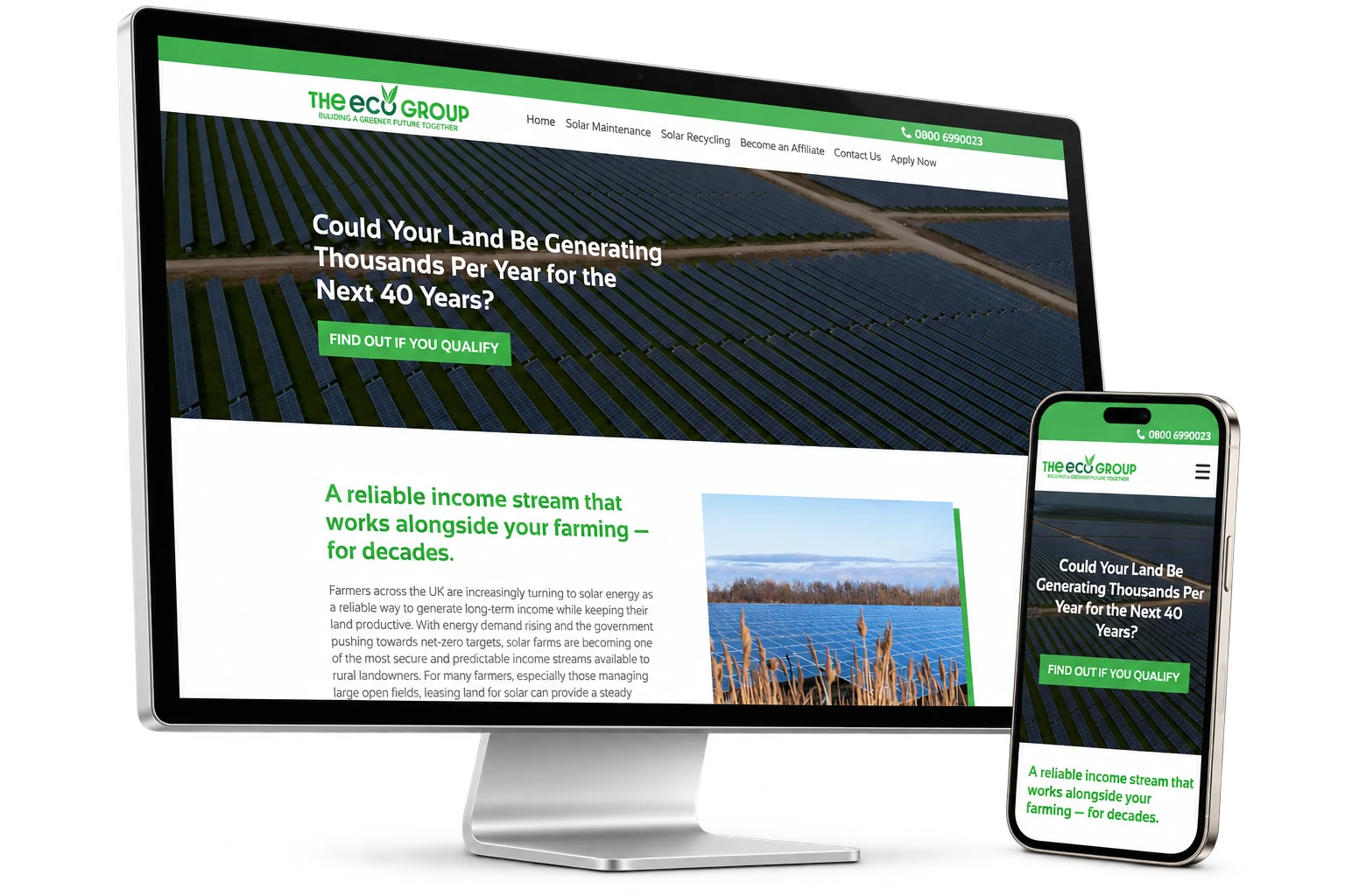 The The Eco Group website displayed on an Apple Studio Display and iPhone, isolated with soft natural shadows.