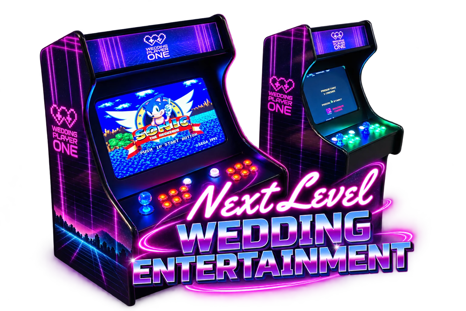 Wedding Player One’s retro arcade cabinet and pixel-heart branding.