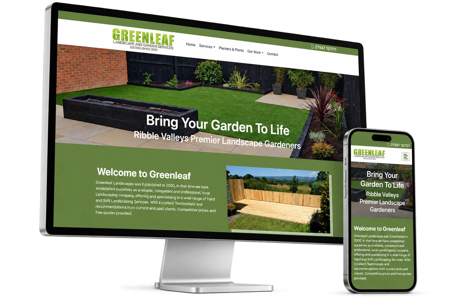 The Greenleaf Landscapes website displayed on an Apple Studio Display and iPhone, isolated with soft natural shadows.