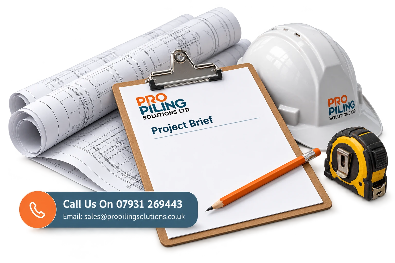 Illustration of a piling-project enquiry with foundation plans and a project brief.