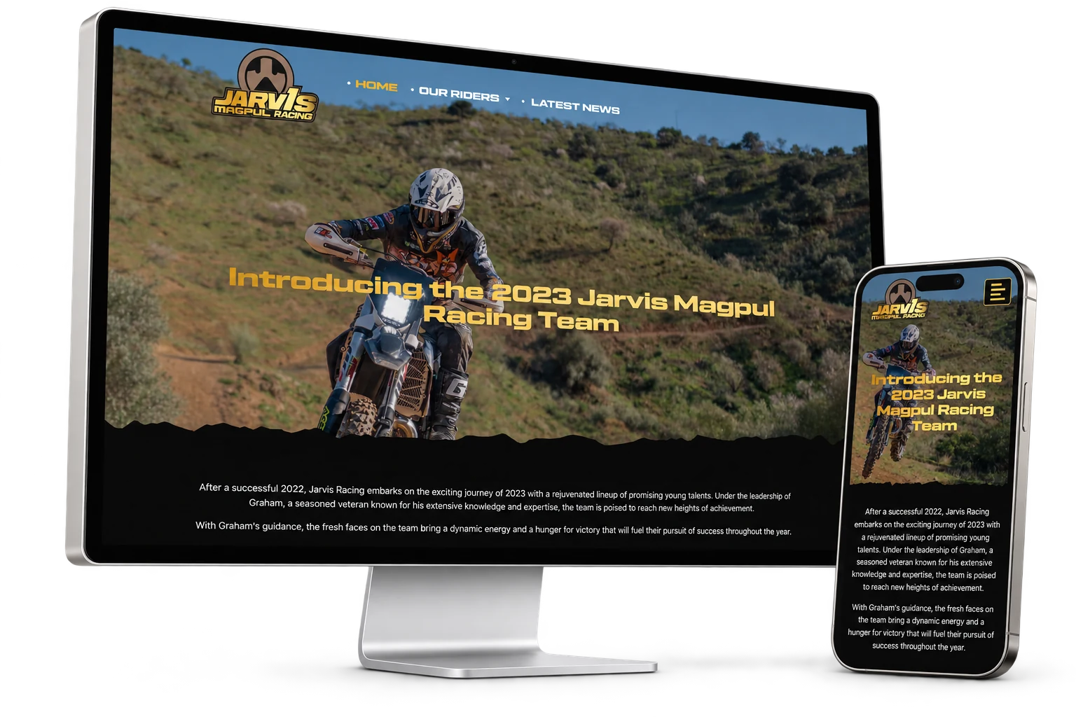 The Jarvis Racing website displayed on an Apple Studio Display and iPhone, isolated with soft natural shadows.