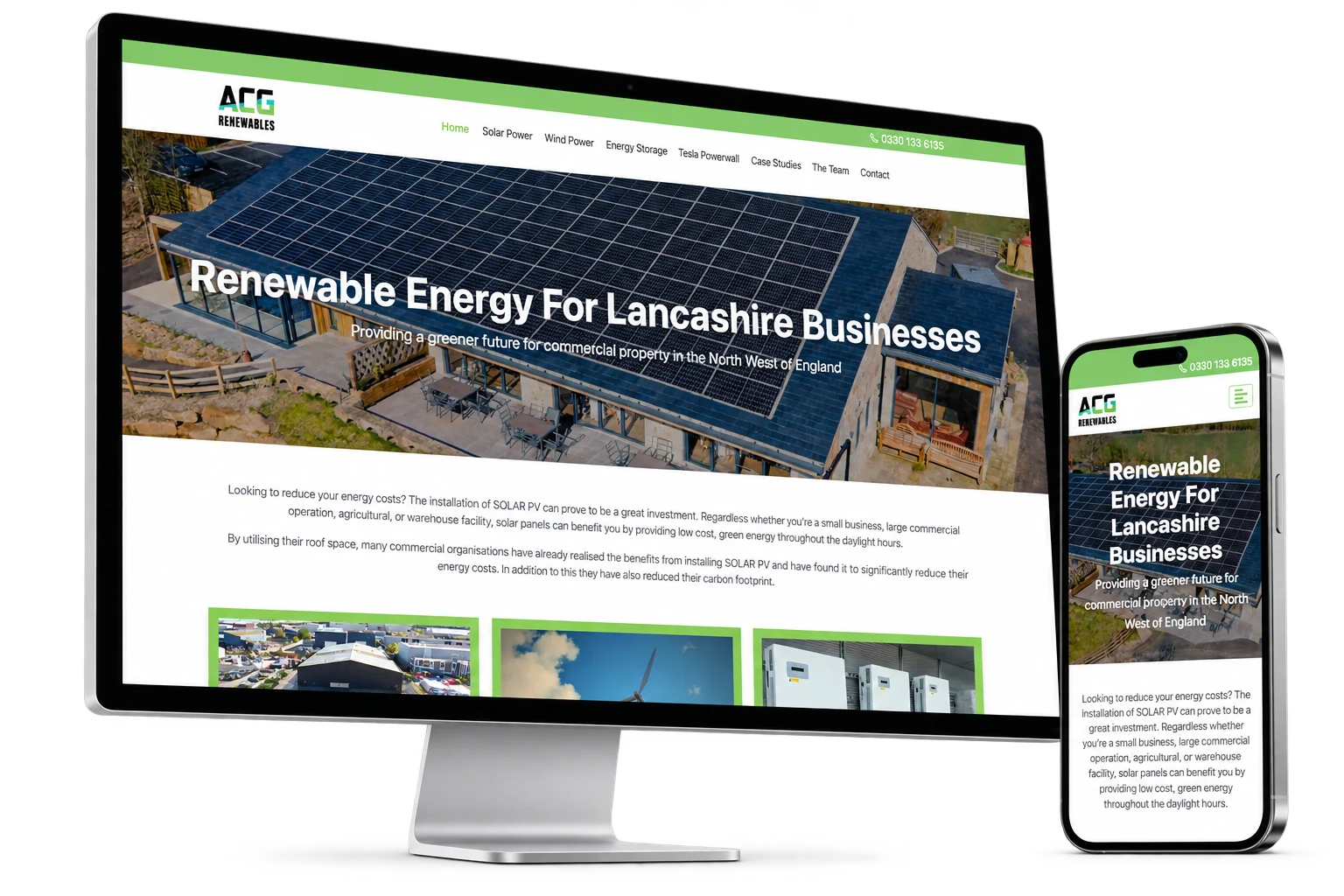 The ACG Renewables website displayed on an Apple Studio Display and iPhone, isolated with soft natural shadows.