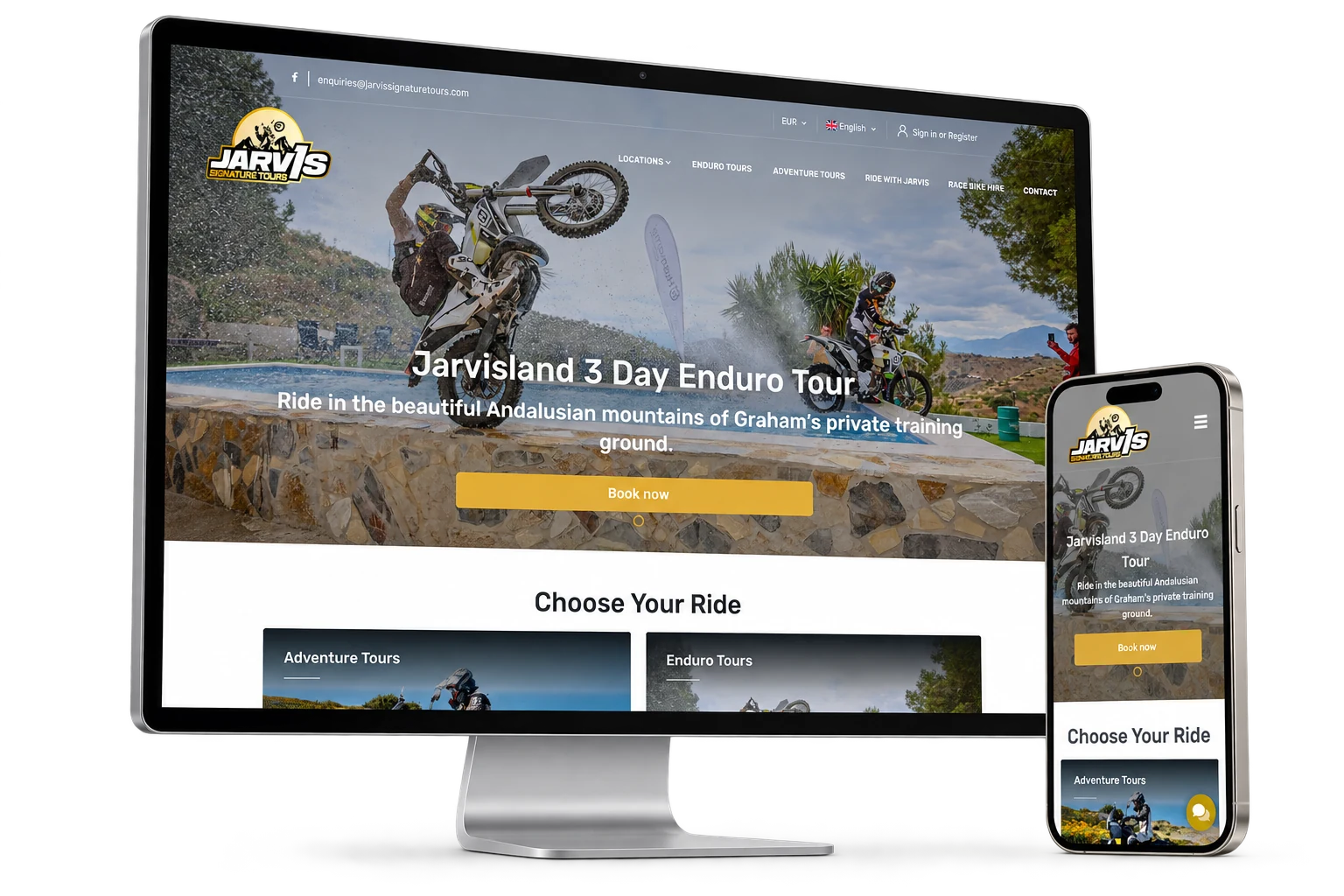 The Jarvis Signature Tours website displayed on an Apple Studio Display and iPhone, isolated with soft natural shadows.
