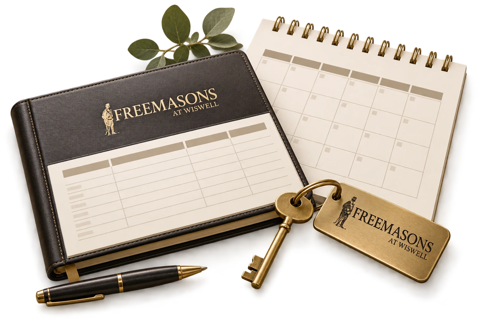 Illustration of room and reservation management with a hotel key, ledger and calendar.