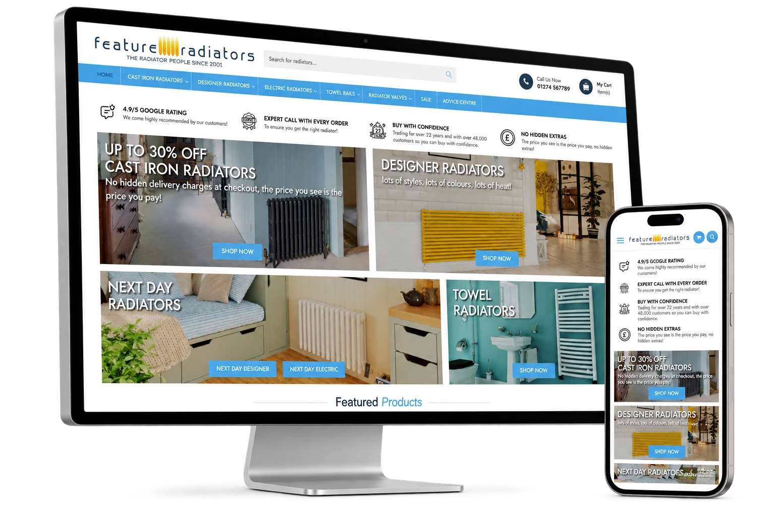 The Feature Radiators website displayed on an Apple Studio Display and iPhone, isolated with soft natural shadows.