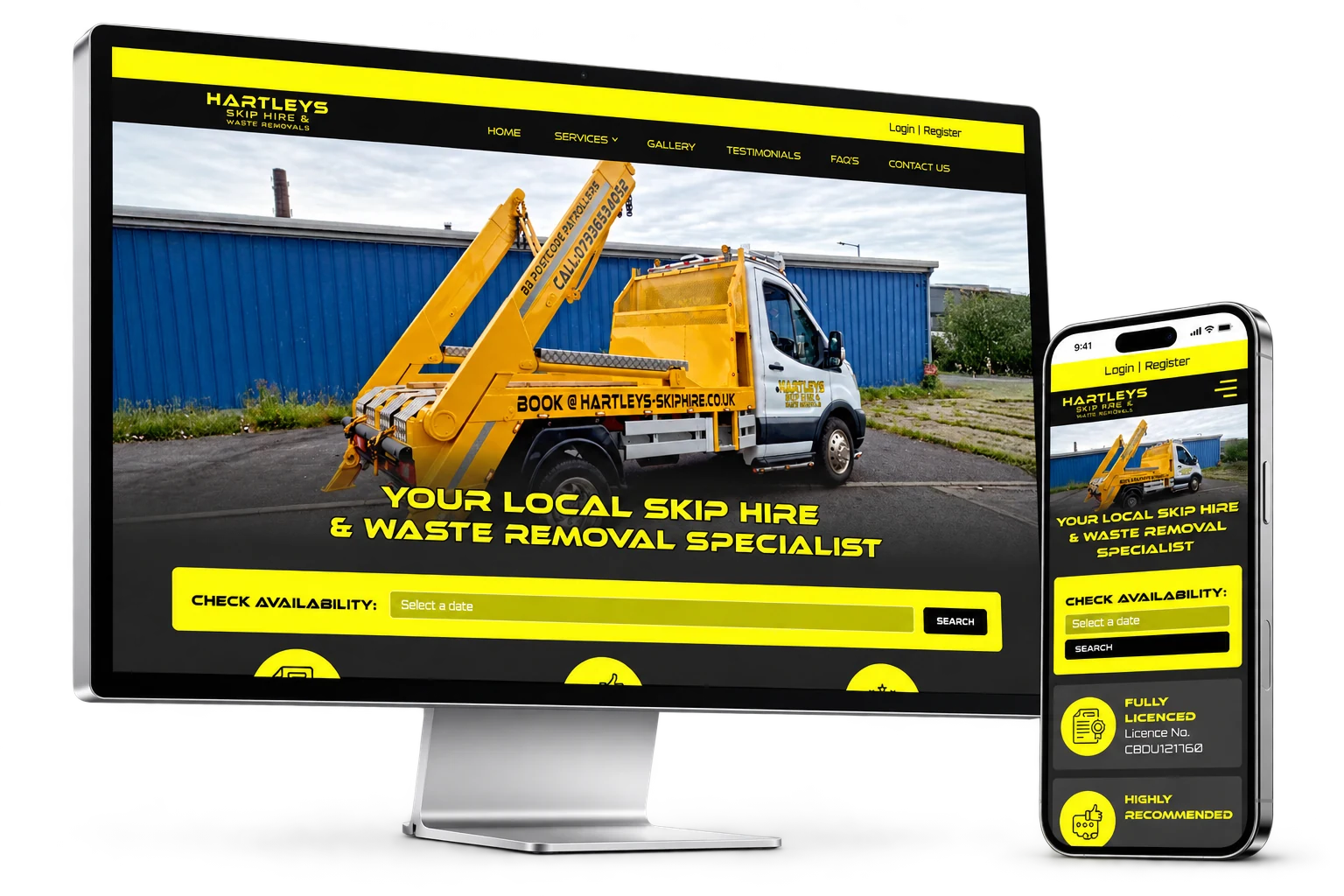 The Hartleys Skip Hire website displayed on an Apple Studio Display and iPhone, isolated with soft natural shadows.