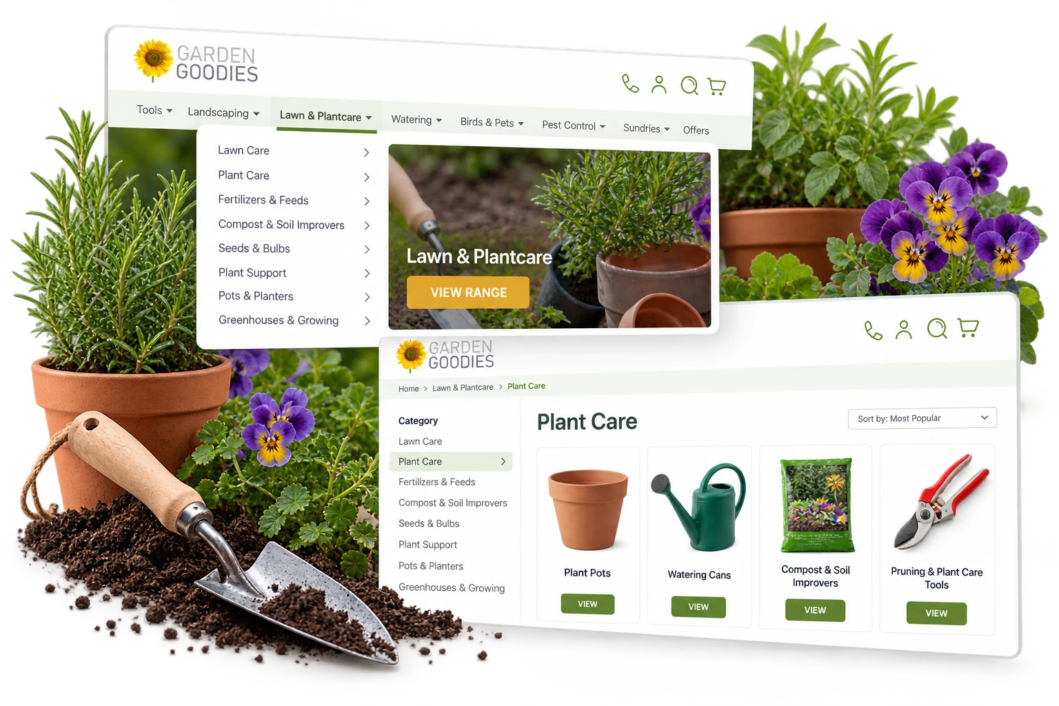 Garden Goodies’ product categories and online shop presentation.