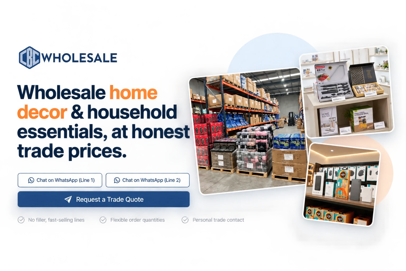 Close-up of CBC Wholesale’s clean navigation, typography and product presentation.