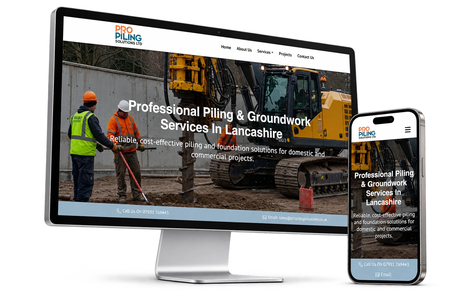 The Pro Piling Solutions website displayed on an Apple Studio Display and iPhone, isolated with soft natural shadows.