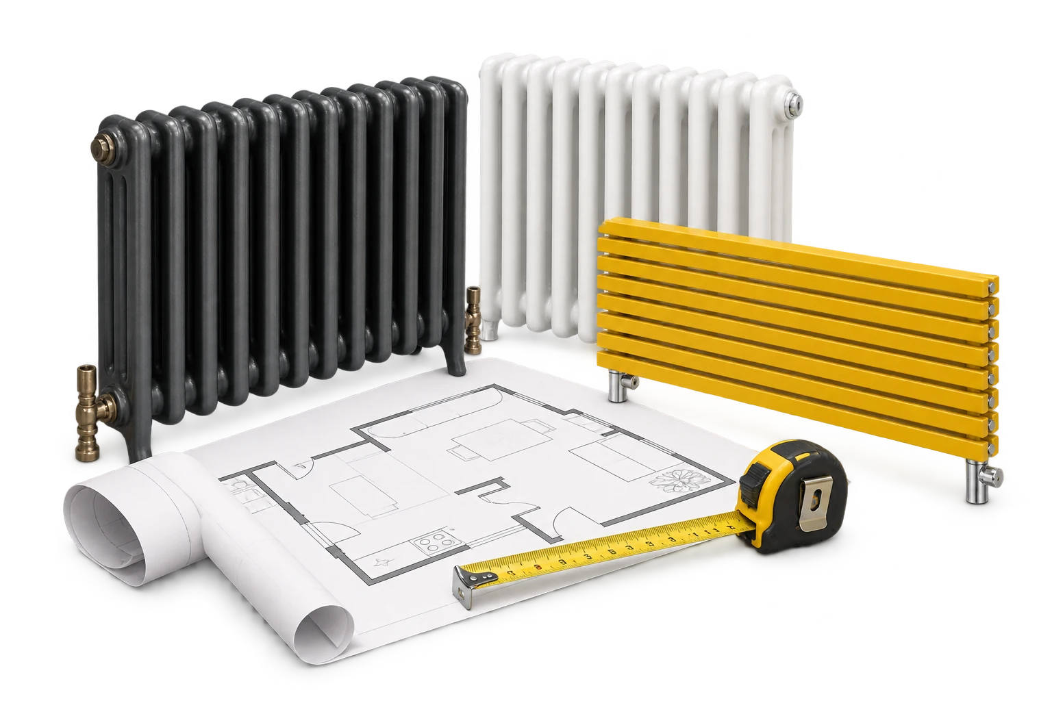 Radiator styles, a room plan and a measuring tape illustrating product choice for different spaces.
