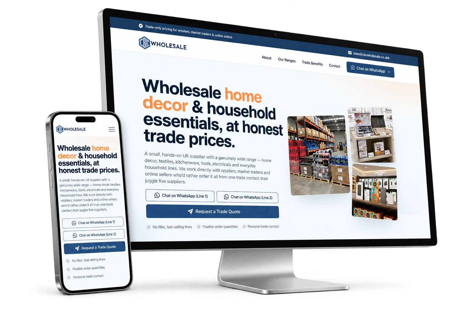 The CBC Wholesale website displayed on an Apple Studio Display and iPhone, isolated with soft natural shadows.