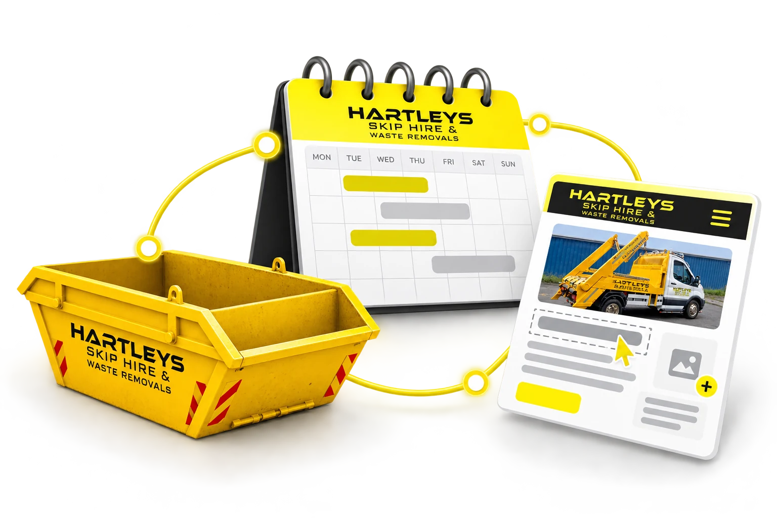 Illustration connecting skip management, booking calendars and website content.
