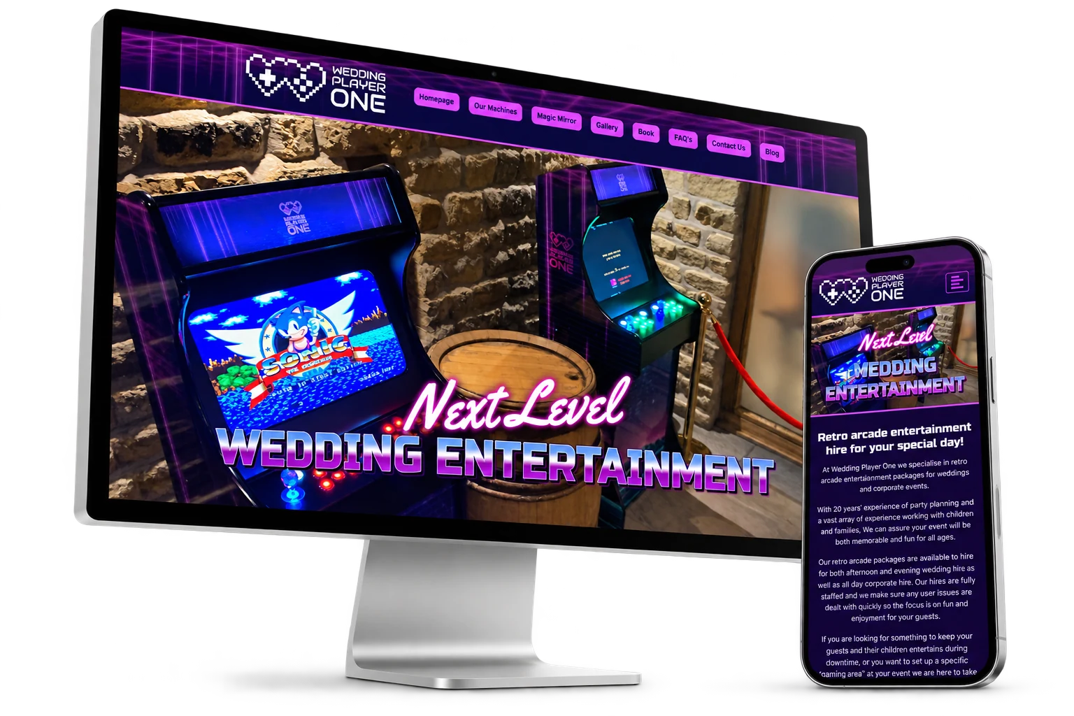 The Wedding Player One website displayed on an Apple Studio Display and iPhone, isolated with soft natural shadows.