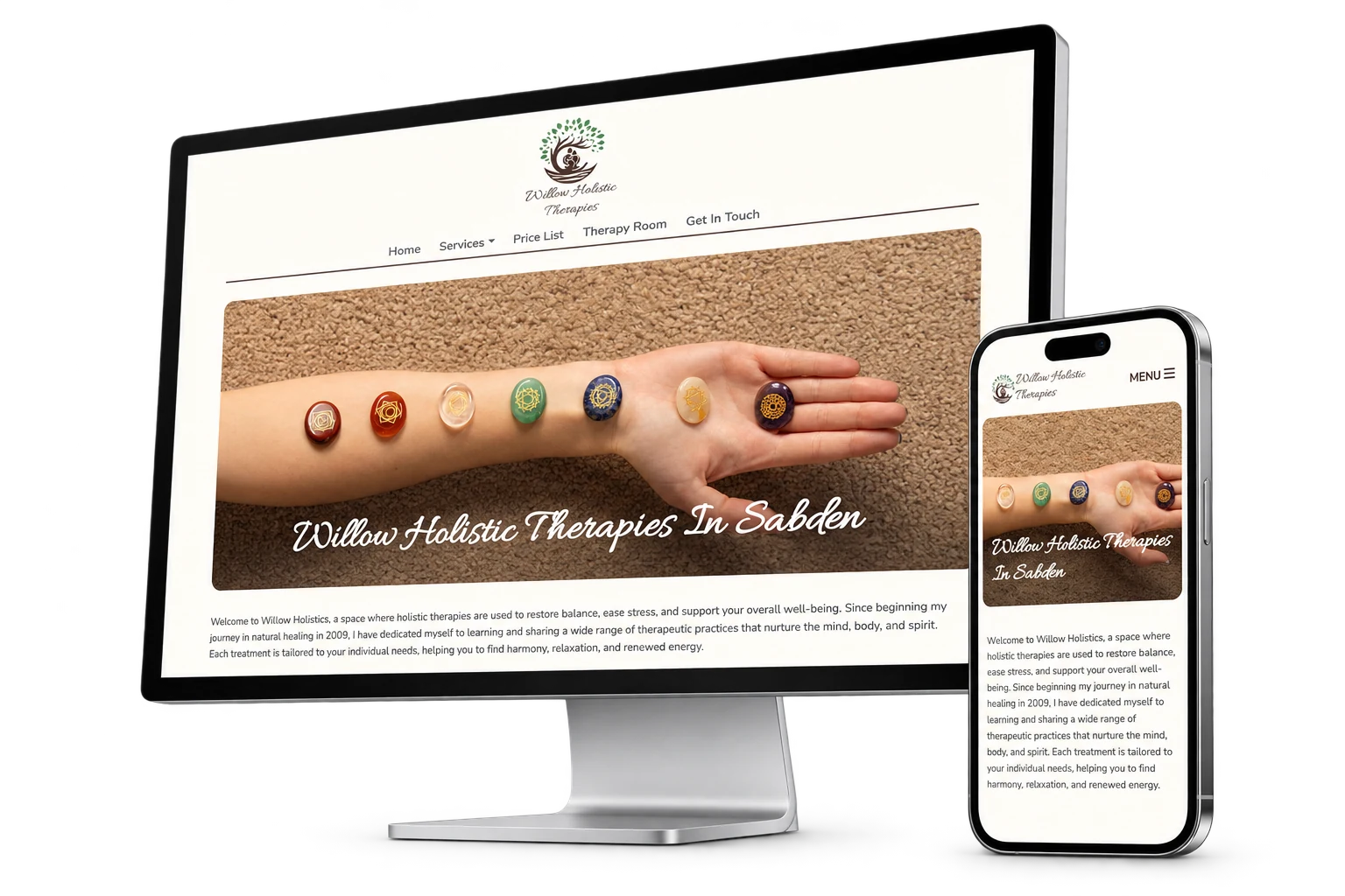 The Willow Holistics website displayed on an Apple Studio Display and iPhone, isolated with soft natural shadows.