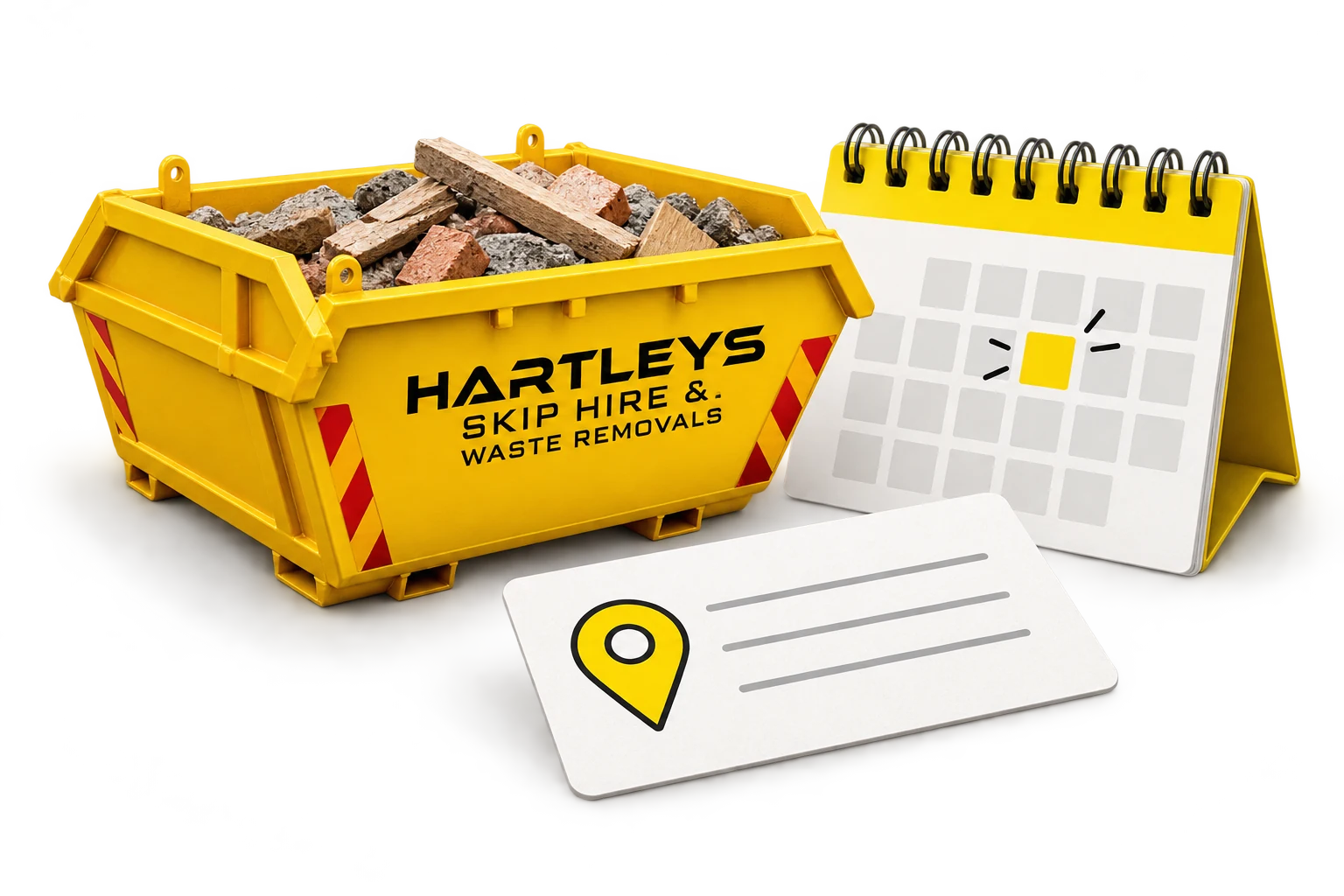 Illustration of skip-hire booking with a yellow skip, calendar and delivery-address card.