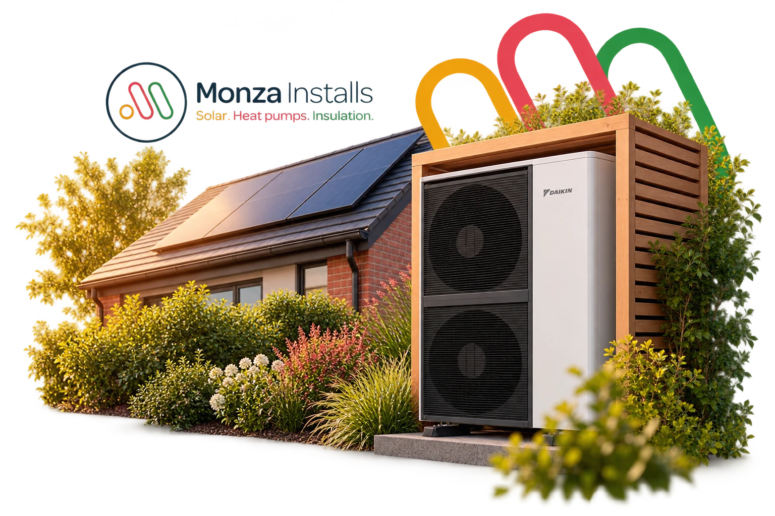 Heat-pump and solar imagery representing Monza Installs’ home-improvement services.