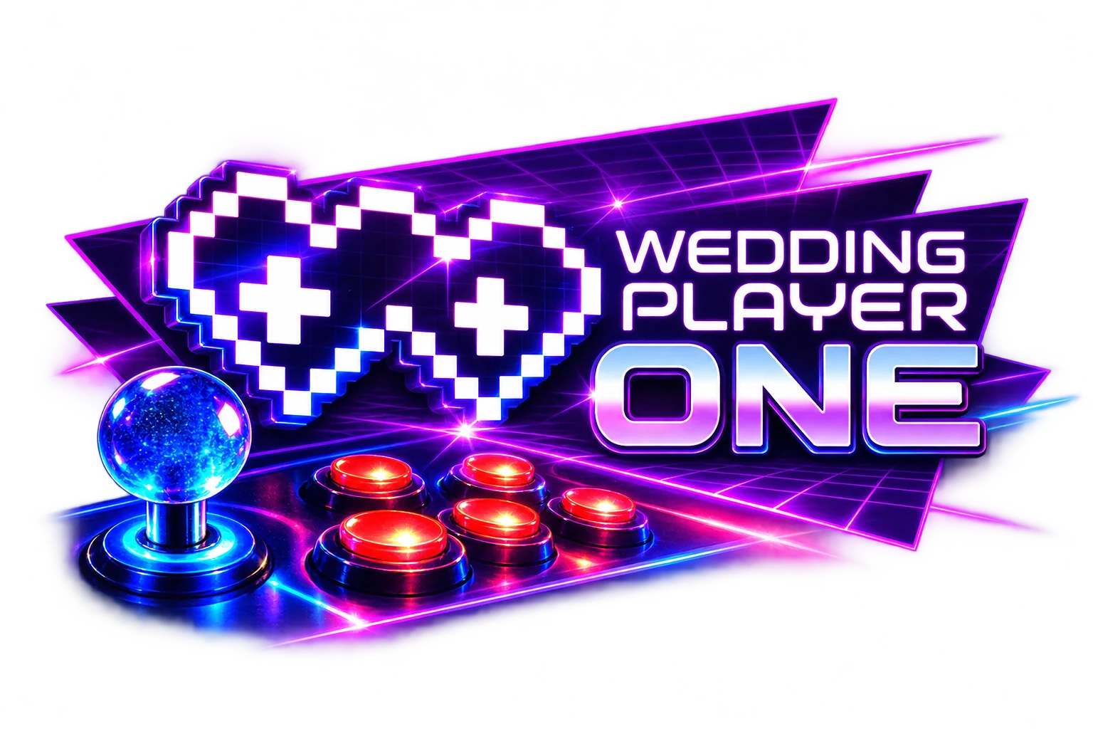 Wedding Player One’s consistent pixel-heart, neon and retro-grid identity.