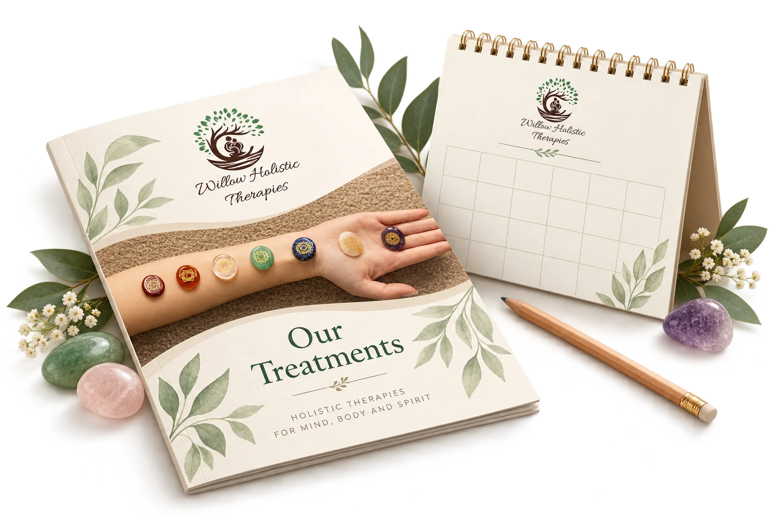 Illustration of treatment information and booking planning in Willow Holistics’ colours.