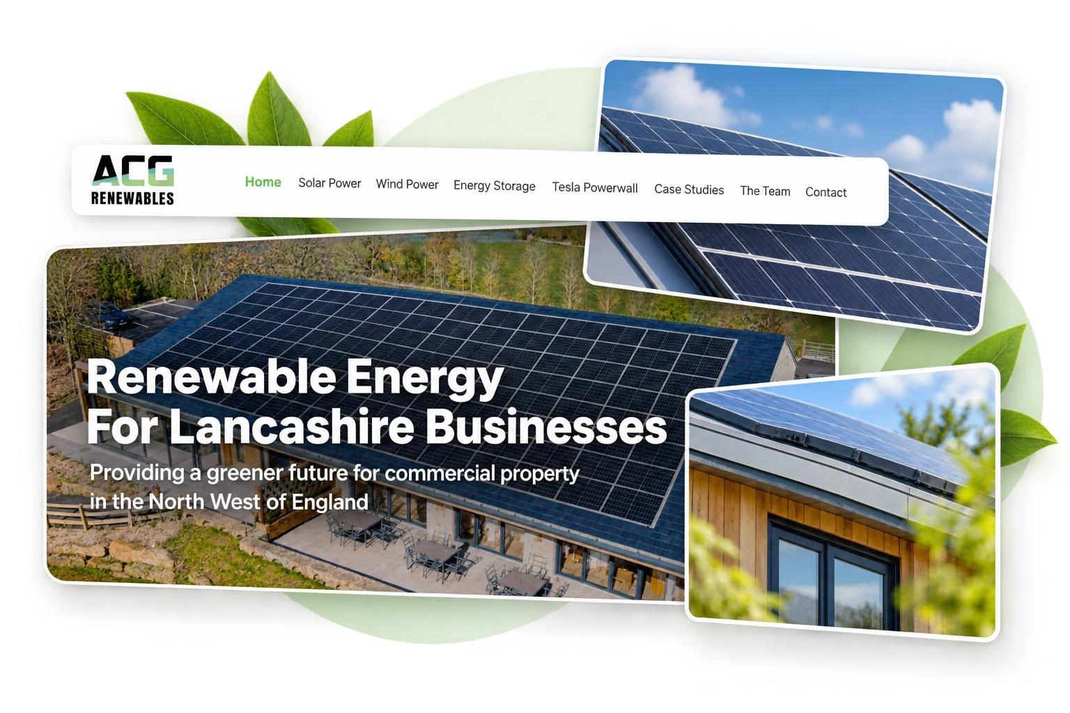 ACG Renewables’ service navigation, branding and renewable-energy installation imagery.