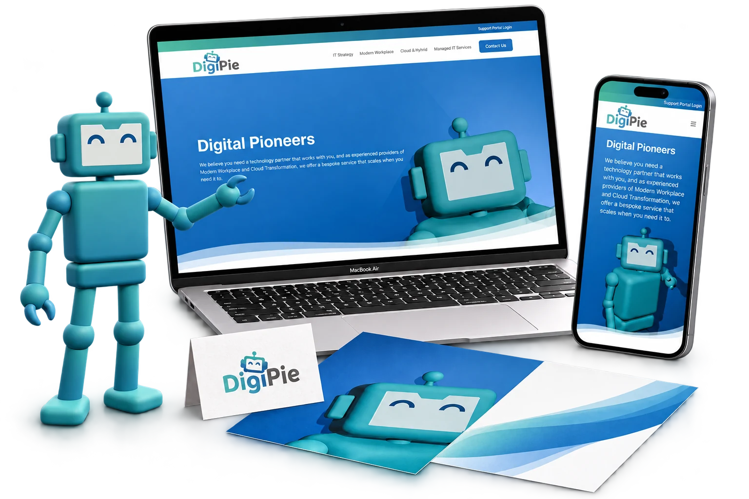 DigiPie’s official Digi mascot, branded stationery and responsive website, isolated with soft natural shadows.