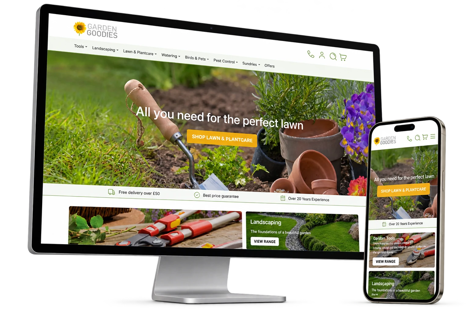 The Garden Goodies website displayed on an Apple Studio Display and iPhone, isolated with soft natural shadows.