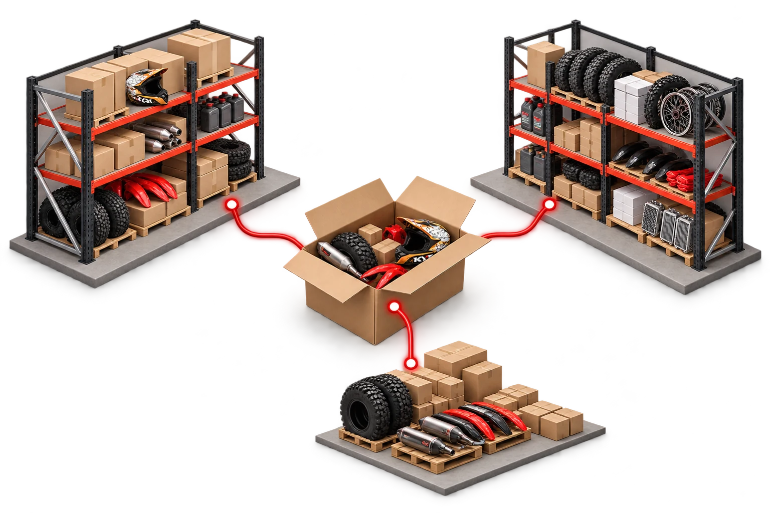 Conceptual illustration of connected warehouses, suppliers and motorcycle-parts orders for Enduro Direct.