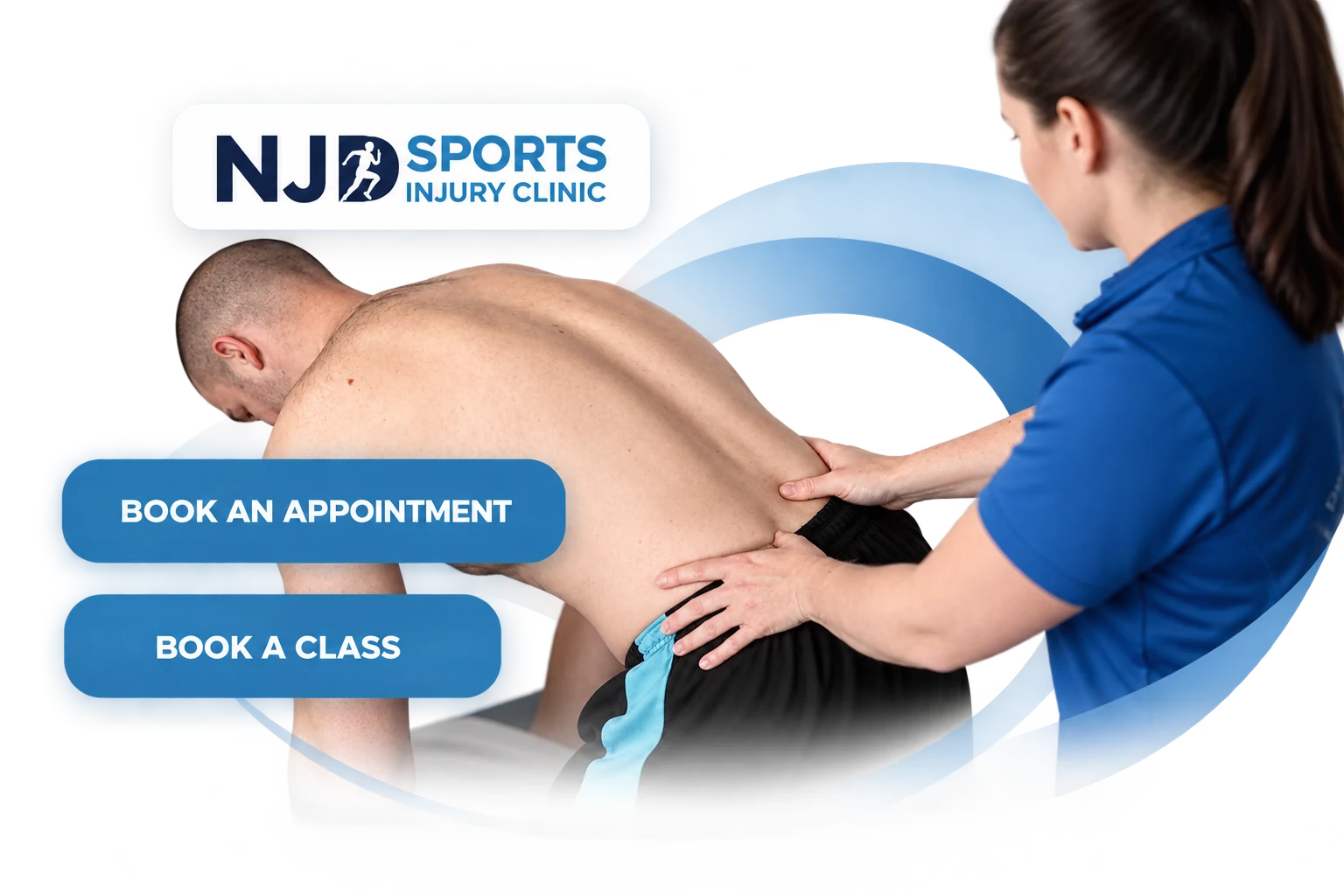 NJD Sports’ treatment imagery and appointment and class booking links.