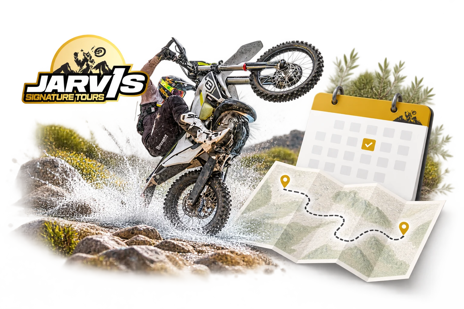 Motorcycle-tour imagery with a calendar and map illustrating tour booking.