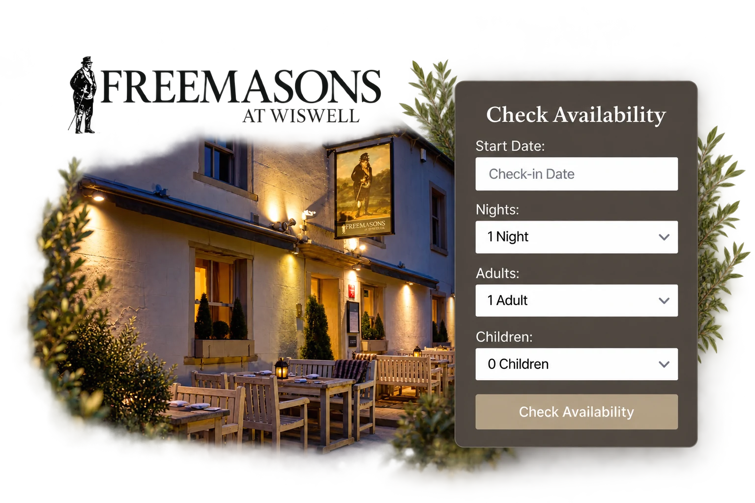 The Freemasons at Wiswell room-availability form and venue identity.
