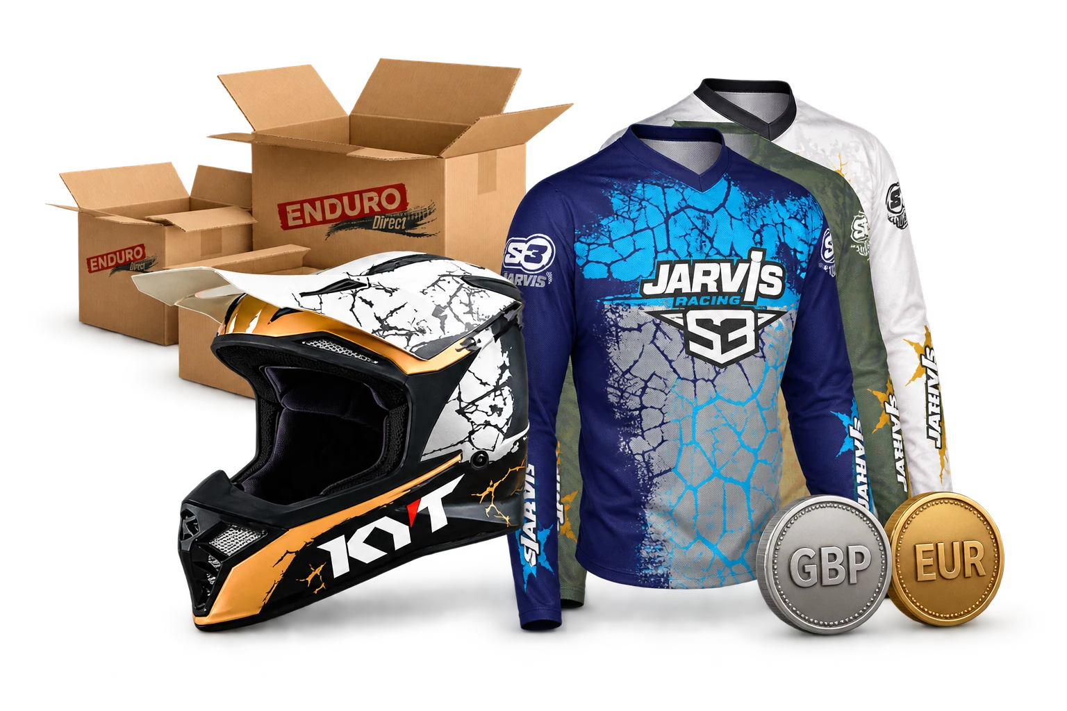 Illustration of Enduro Direct’s motorcycle products and international ecommerce catalogue.