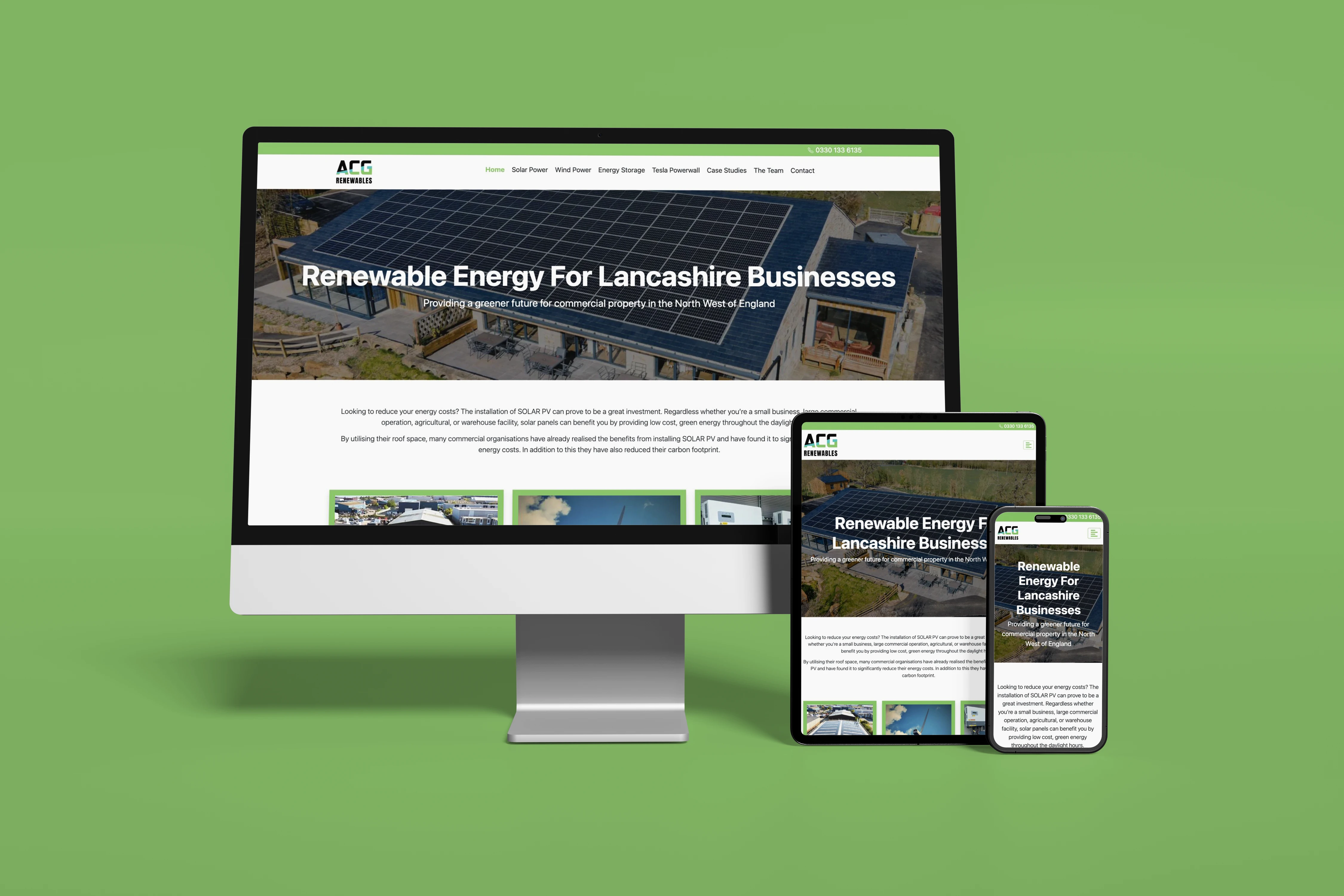 ACG Renewables website displayed on desktop, tablet and mobile devices against its brand-coloured background.