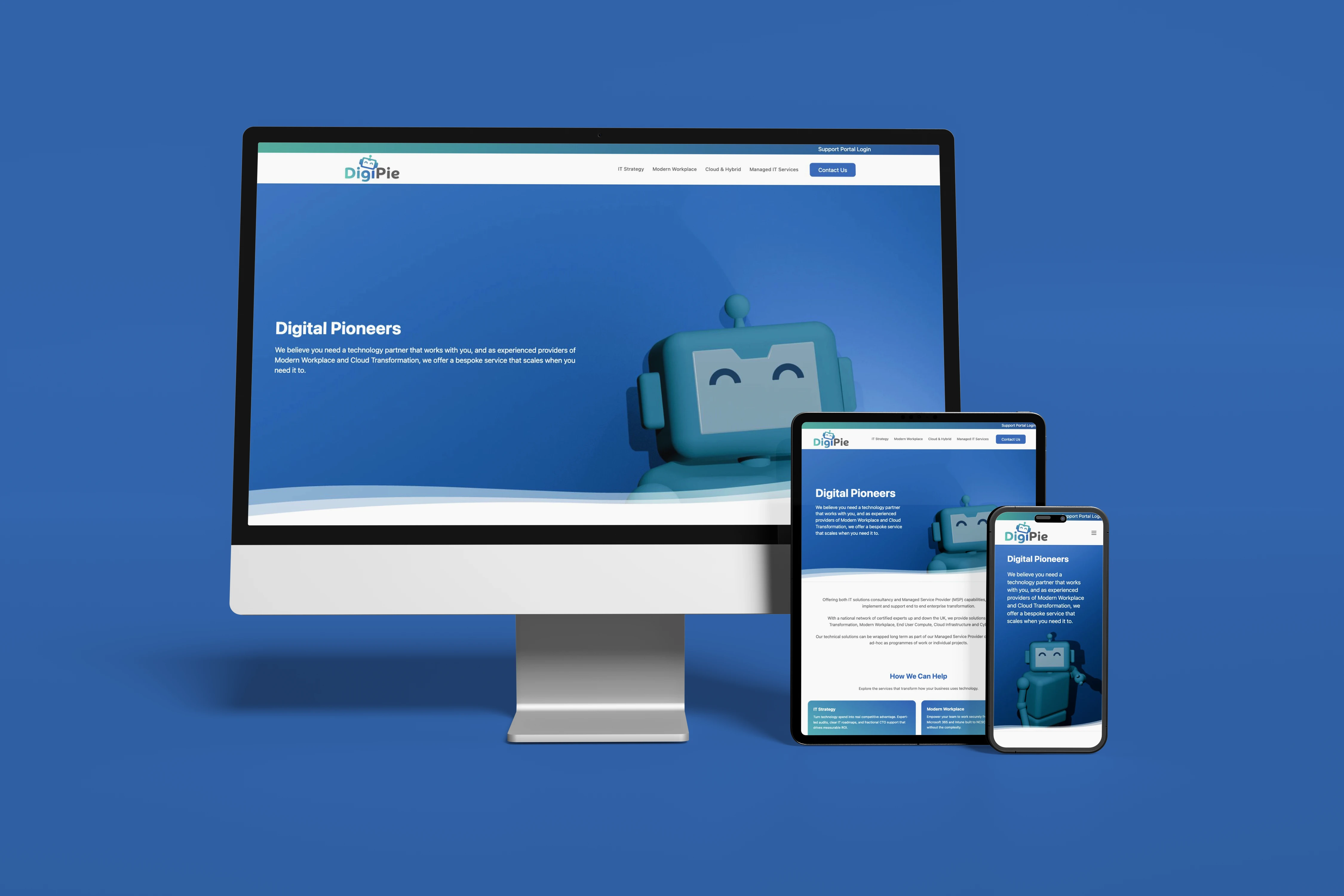 DigiPie website displayed on desktop, tablet and mobile devices against its brand-coloured background.