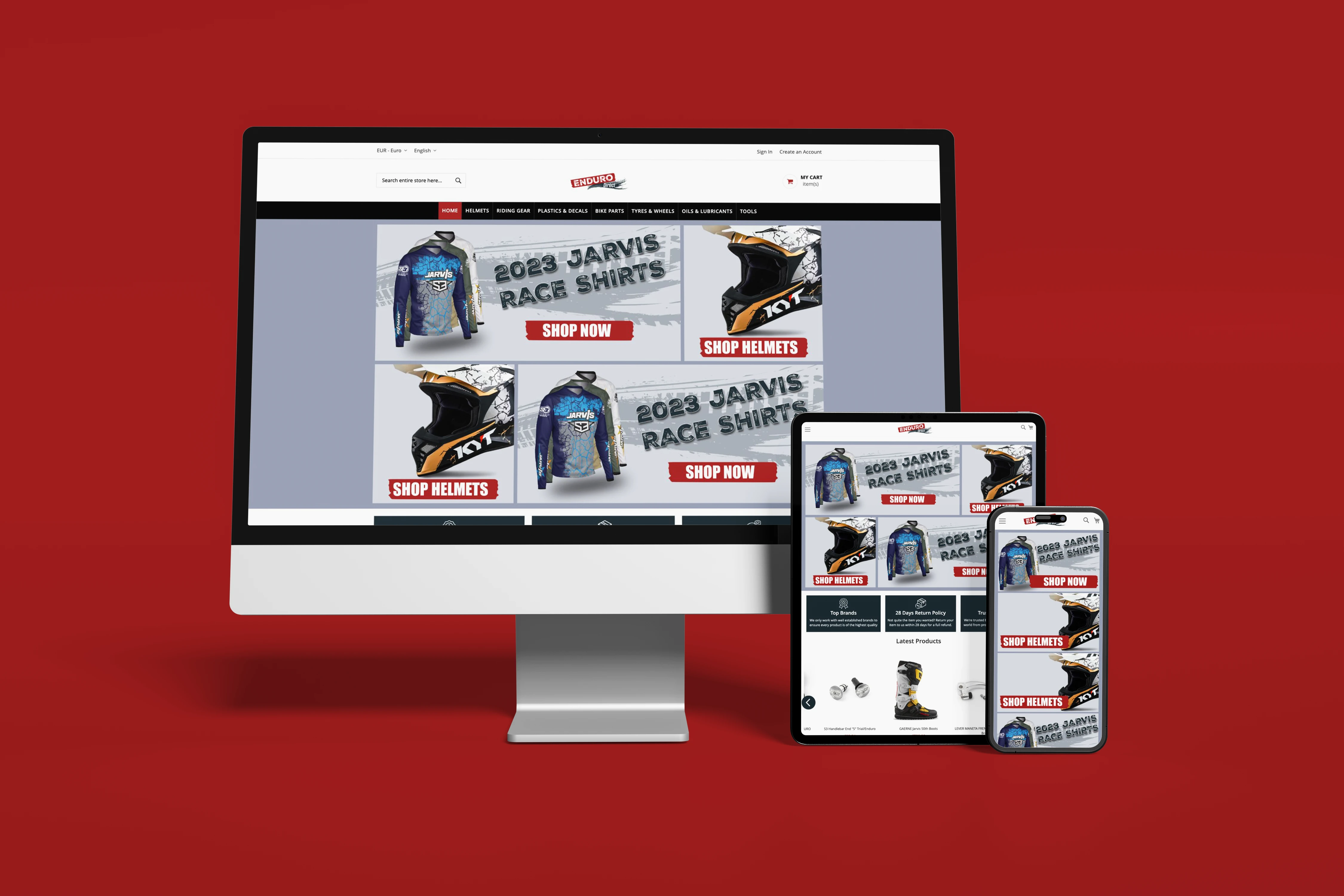 Enduro Direct website displayed on desktop, tablet and mobile devices against its brand-coloured background.
