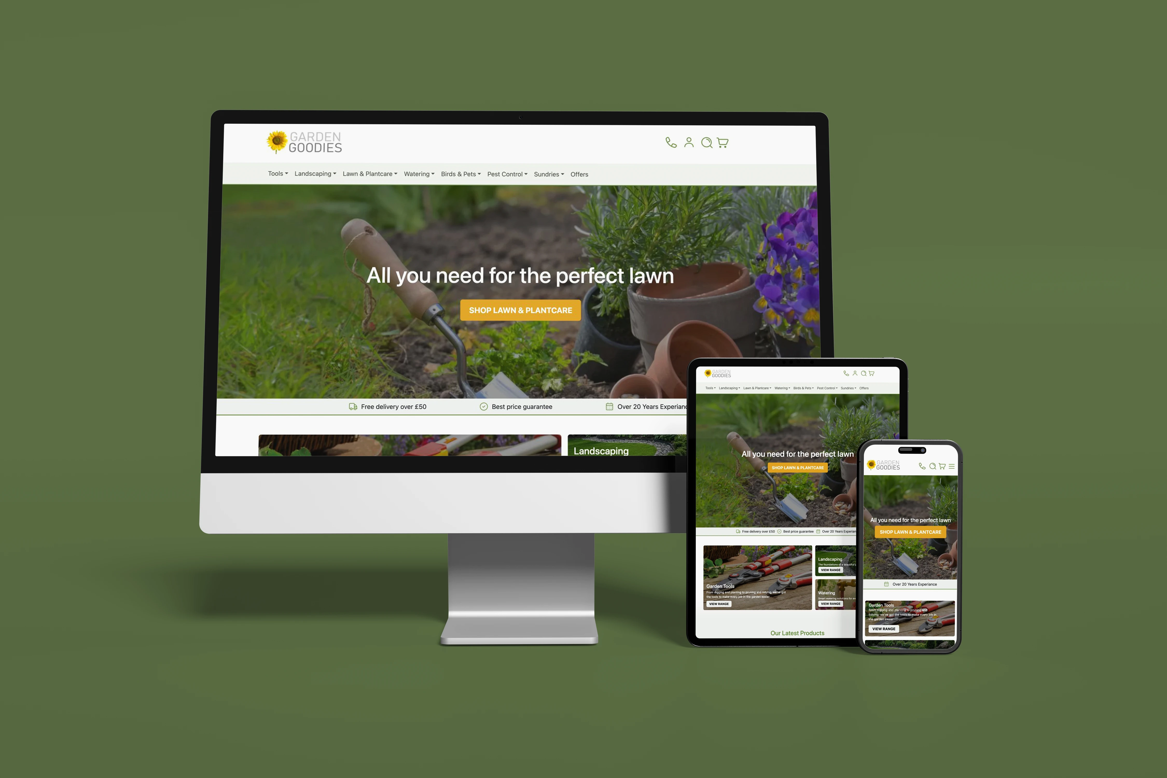 Garden Goodies website displayed on desktop, tablet and mobile devices against its brand-coloured background.
