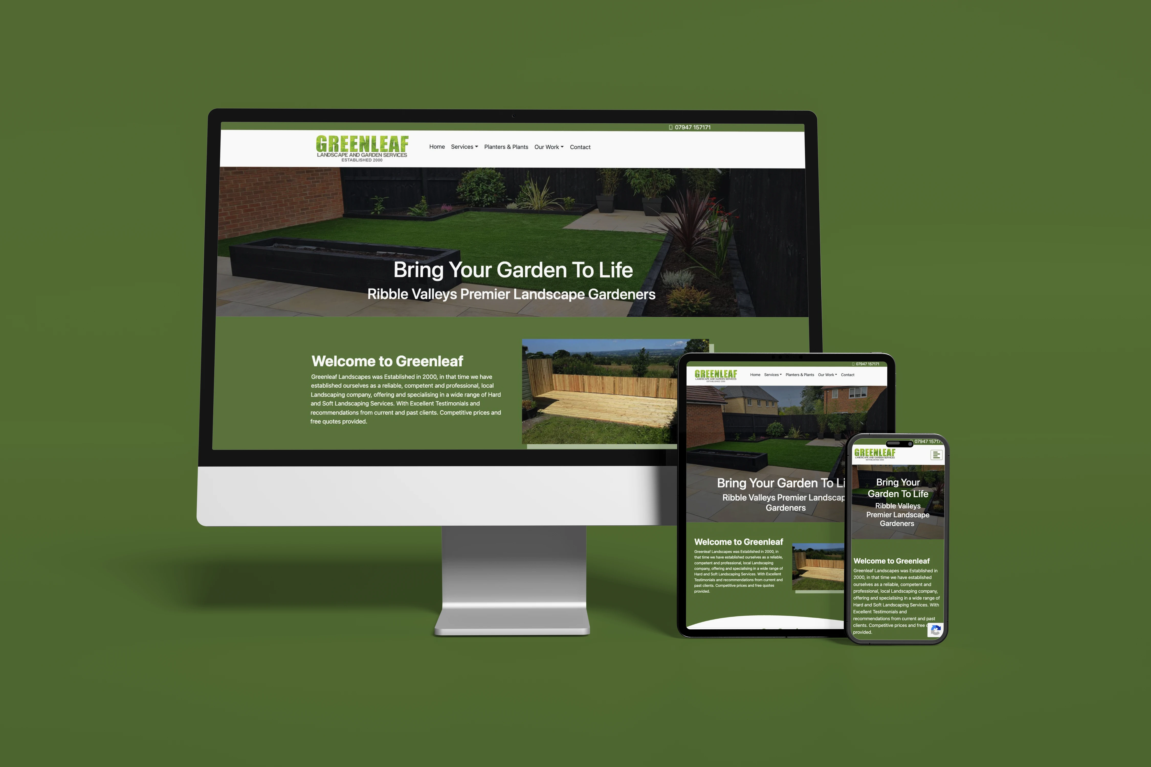 Greenleaf Landscapes website displayed on desktop, tablet and mobile devices against its brand-coloured background.