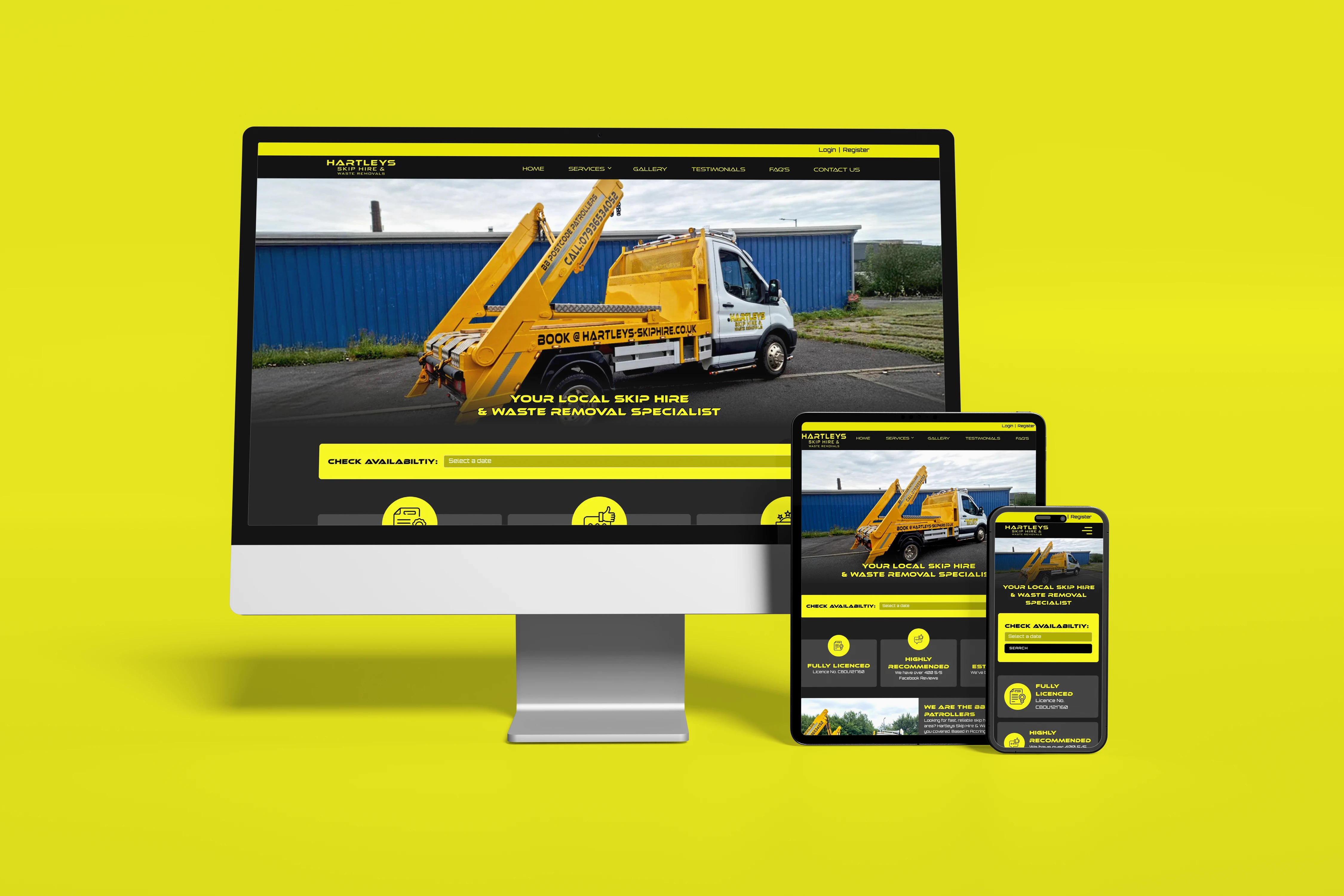 Hartleys Skip Hire website displayed on desktop, tablet and mobile devices against its brand-coloured background.